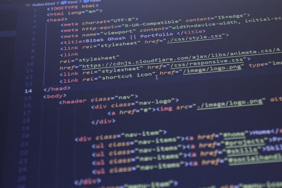 The image displays a desktop computer screen showing lines of HTML code in a dark-themed code editor. The code includes tags such as <DOCTYPE html>, <html>, <head>, and <body>, with various nested ele